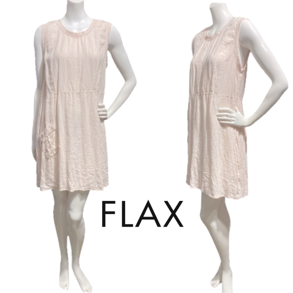 FLAX Pink Linen Lagenlook Tank Mini Dress Round Neck Sleeveless Pocket Sz Small